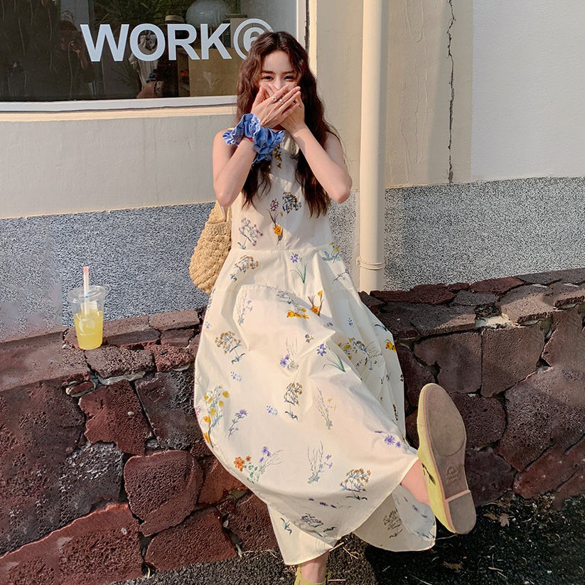 【ワンピース】小花柄ワンピース レディース 白 フレンチ風 ノースリーブ 背心タイプ ゆったり 体型カバー 細見え【SHシリーズ】