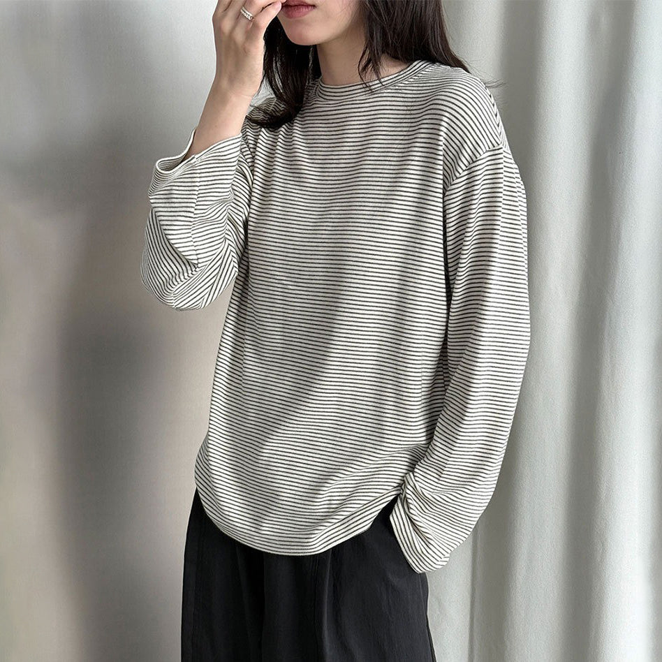 【トップス】ハイネックボーダー長袖Tシャツ レディース 春秋コーデ ゆったり リラックス インナー シンプルトップス【JZシリーズ】