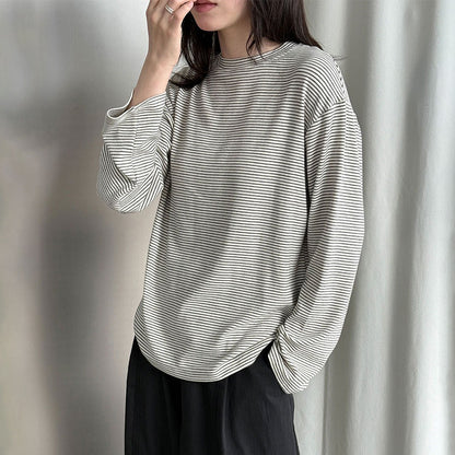 【トップス】ハイネックボーダー長袖Tシャツ レディース 春秋コーデ ゆったり リラックス インナー シンプルトップス【JZシリーズ】