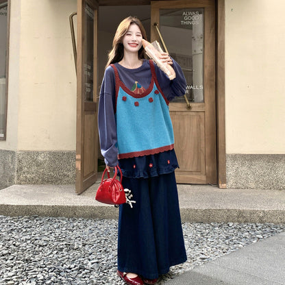 3点セット！【セットアップ】韓国風レトロニットベスト×トップス×ワイドデニムパンツセット レディース 秋コーデ 体型カバー ゆるかわ3点セット【JZシリーズ】