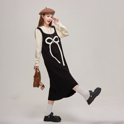 【ワンピース】蝶結びデザイン🎀 ツーピース風ニットワンピ 冬 レディース 上品＆高見え 長袖ワンピース【JZシリーズ】