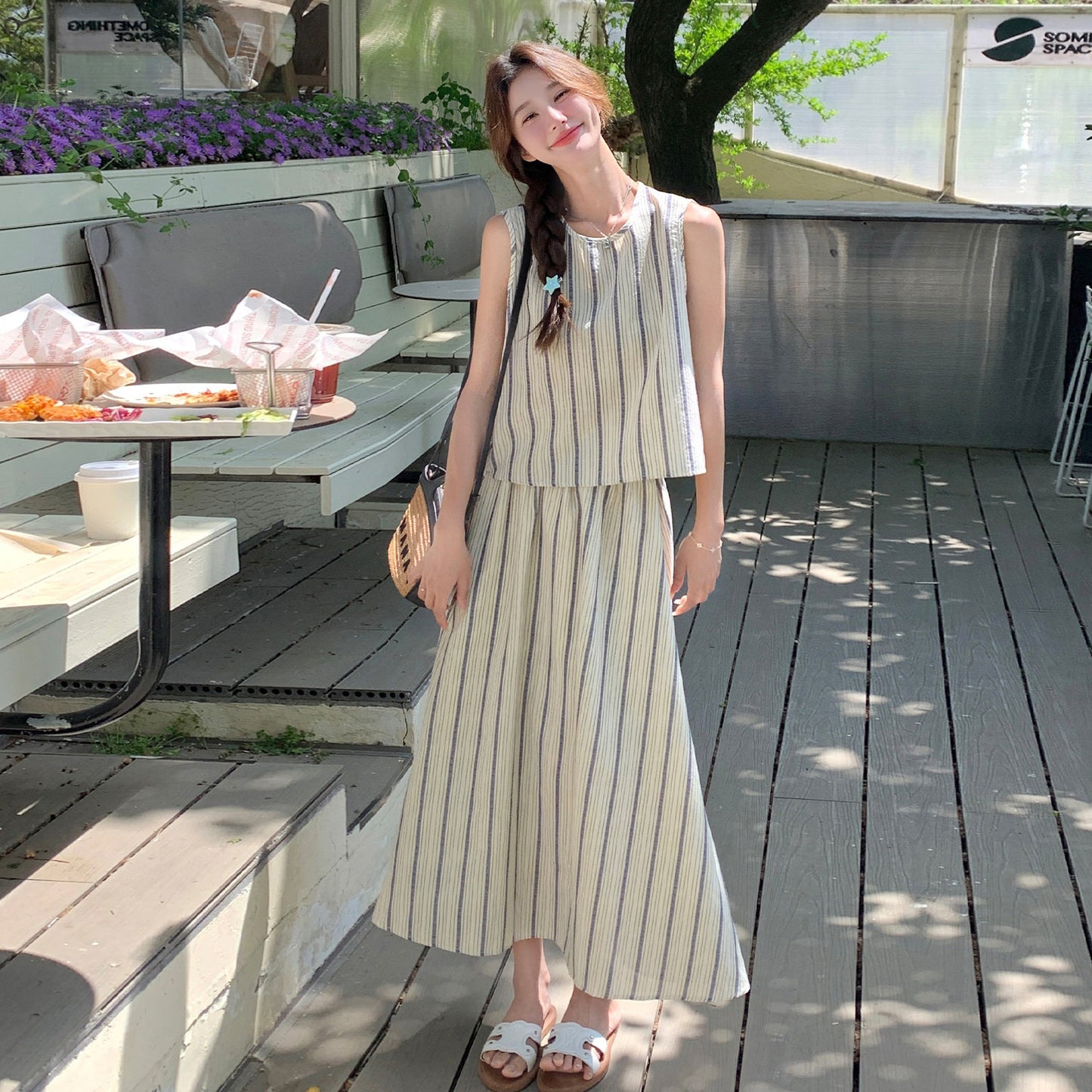 2点セット！【セットアップ】後ろ姿まで抜かりない…♡ ストライプ トップス＋スカート 上下セット 夏コーデ 大人かわいい こなれ感◎【JZシリーズ】