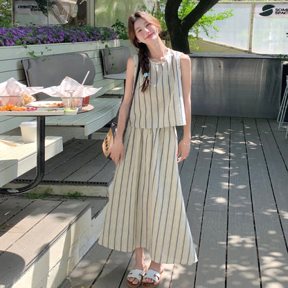 2点セット！【セットアップ】後ろ姿まで抜かりない…♡ ストライプ トップス＋スカート 上下セット 夏コーデ 大人かわいい こなれ感◎【JZシリーズ】