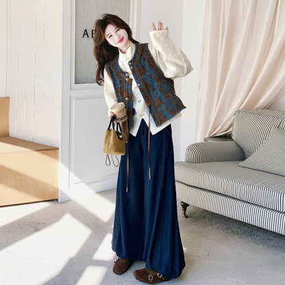 3点セット！【セットアップ】メラードジャカード×配色 ベスト＋中国風シャツ＋ワイドデニムパンツ 上下セット レディース 早春・秋 サン系コーデ【SHシリーズ】