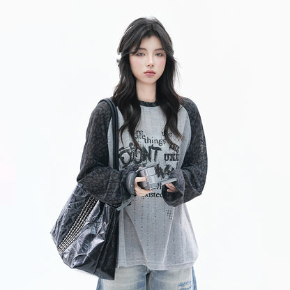 【トップス】ヒョウ柄プリントシアーTシャツ レディース 薄手 長袖 ストリートカジュアル【FCシリーズ】