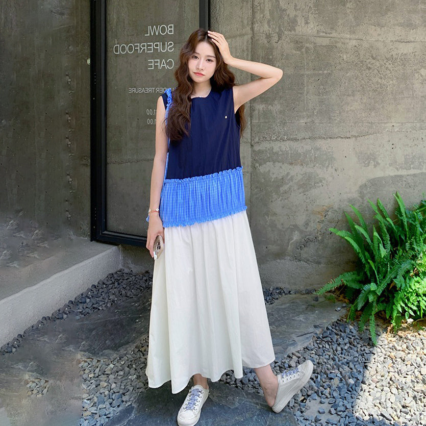 【ワンピース】夏 フレンチ風 お洒落な配色切り替え ノースリーブワンピース 文芸スタイル【SHシリーズ】