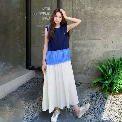 【ワンピース】夏 フレンチ風 お洒落な配色切り替え ノースリーブワンピース 文芸スタイル【SHシリーズ】