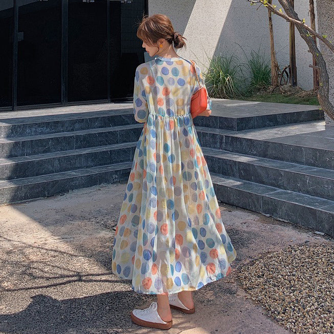 【ワンピース】【10～15日内発送】夏新作 やや透け感 ゆったりシルエット 体型カバー 冷淡系ドット柄 半袖ワンピース【SHシリーズ】