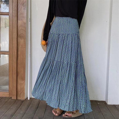 【ボトムス】ハイウエスト フラワープリーツスカート ロング丈 ゆったり 体型カバー 韓国風 おしゃれコーデ【SHシリーズ】