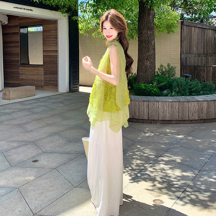 2点セット！【セットアップ】リゾート フリンジ セットアップ レディース 夏新作 キャミトップス ワイドパンツ こなれ感 上下セット【JZシリーズ】