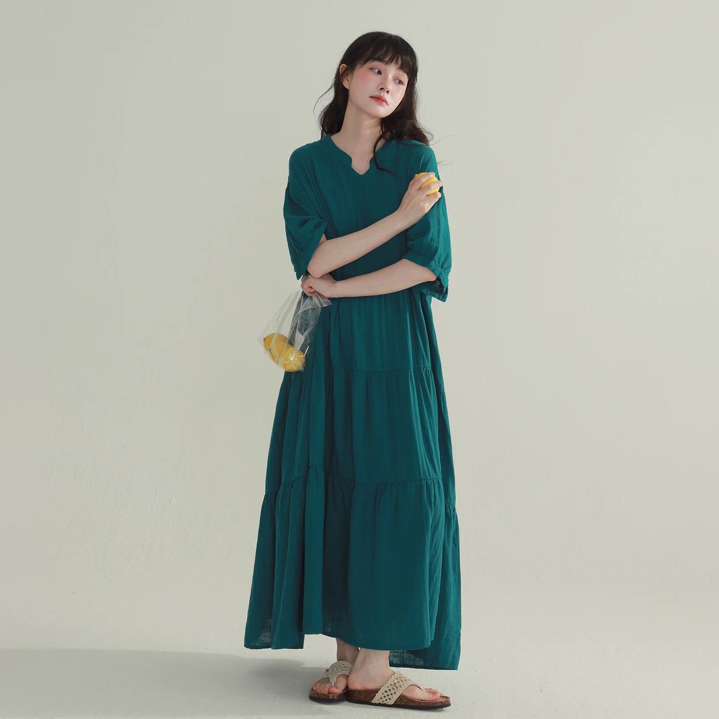 4color【ワンピース】ヴィンテージ風 ティアードワンピース レディース Vネック ロング丈 フェミニン 上品 半袖ワンピース【JZシリーズ】