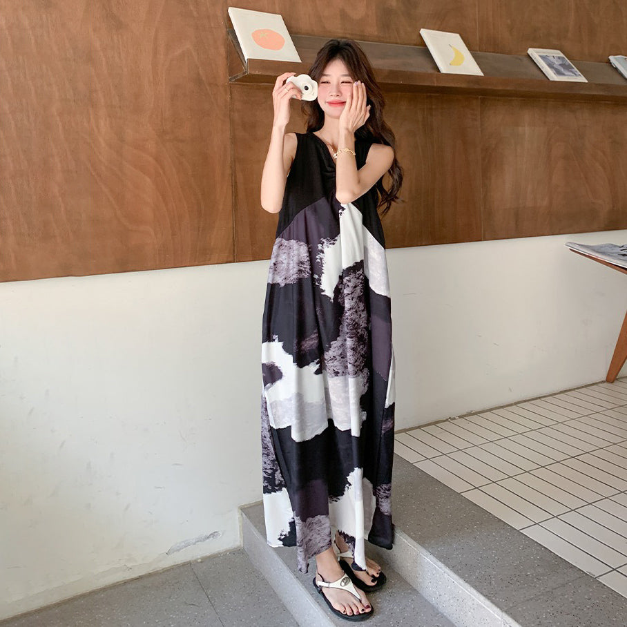 【ワンピース】夏新作 レトロ水墨風プリント リラックス感Vネック ノースリーブワンピース【SHシリーズ】