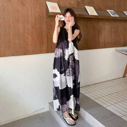 【ワンピース】夏新作 レトロ水墨風プリント リラックス感Vネック ノースリーブワンピース【SHシリーズ】