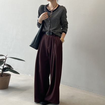 【トップス】バイカラーストライプが映える！韓国風薄手ニットカーディガン｜体型カバーも叶う秋トップス【JZシリーズ】