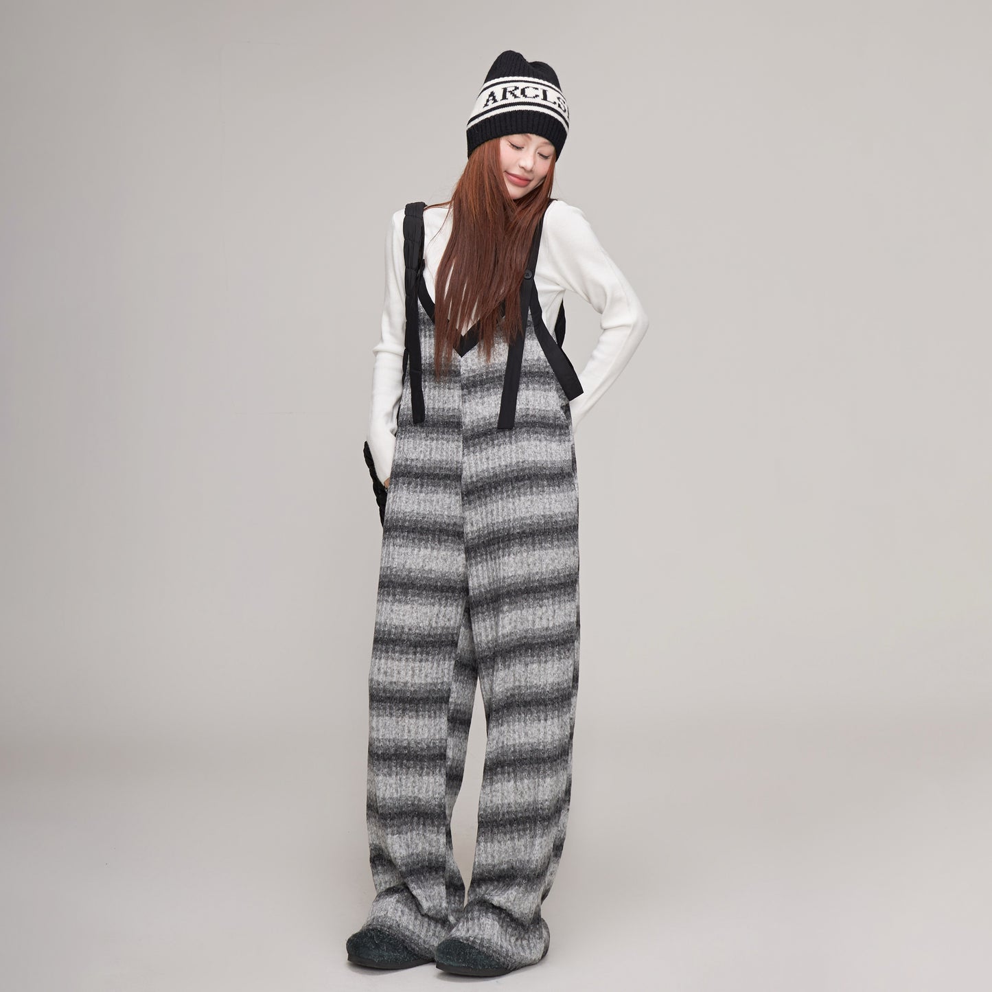 【ボトムス】秋冬 ゆったりVネック ニットサロペット グラデーション ワイドパンツ レディース オールインワン【SHシリーズ】