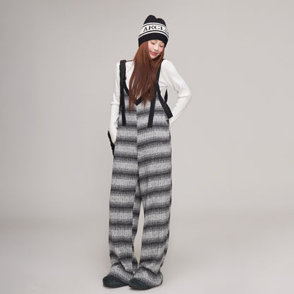 【ボトムス】秋冬 ゆったりVネック ニットサロペット グラデーション ワイドパンツ レディース オールインワン【SHシリーズ】