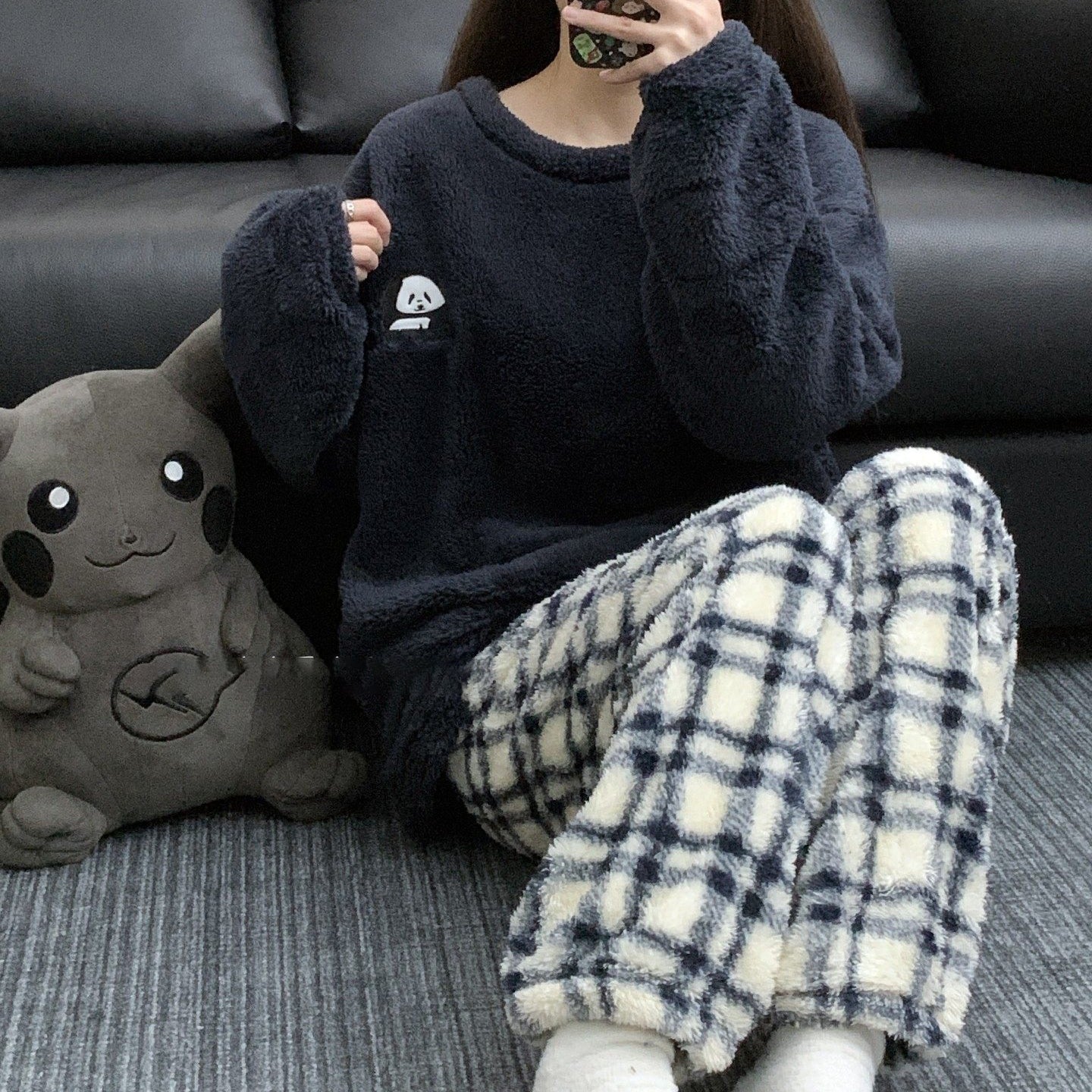 【インナー】チェック柄 パンダ コーラルフリース 厚手 保温 フランネル ルームウェア レディース/メンズ ペア対応 冬