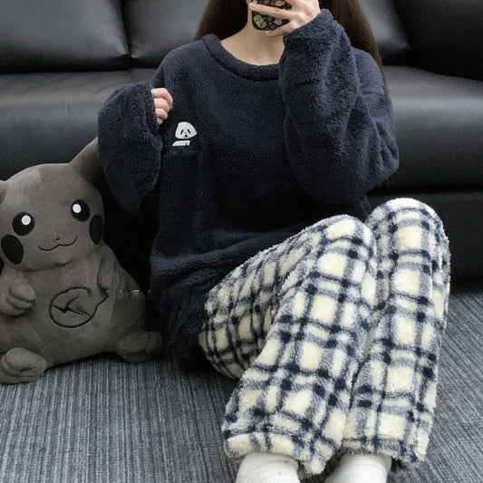 【インナー】チェック柄 パンダ コーラルフリース 厚手 保温 フランネル ルームウェア レディース/メンズ ペア対応 冬
