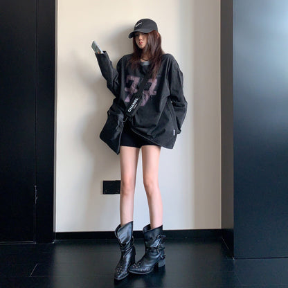 【トップス】ヴィンテージ数字刺繍ロンT レディース ウォッシュ加工 配色 オーバーサイズ 長袖Tシャツ【FCシリーズ】