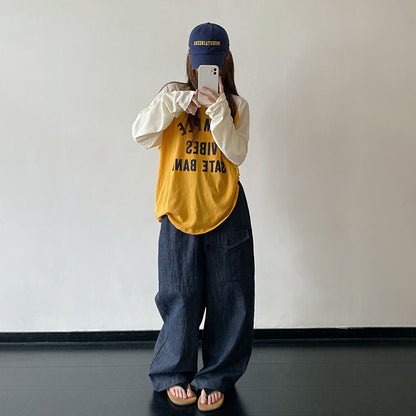 【トップス】アメリカンレトロ ロゴプリントロンT レディース メンズ ビッグシルエット 配色デザイン Ｔシャツ【FCシリーズ】