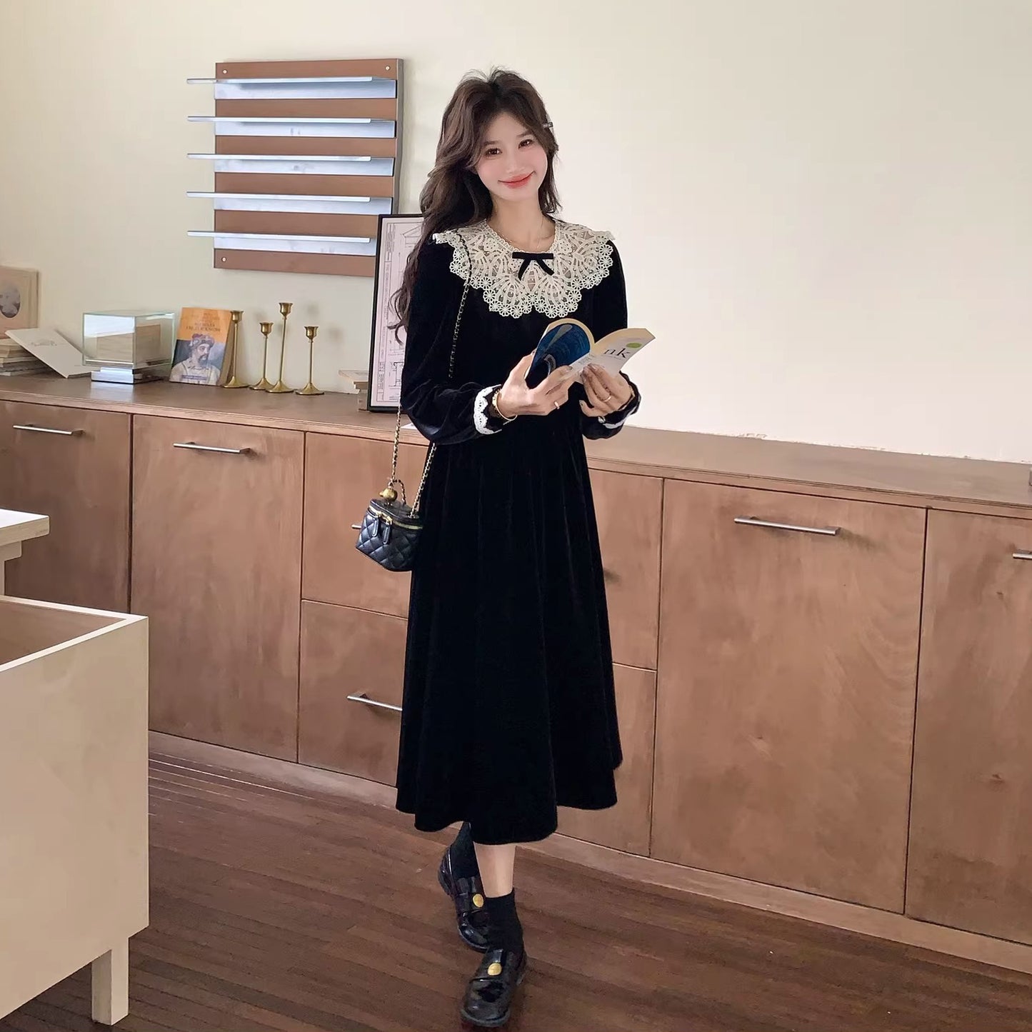 【ワンピース】オードリー風 レース 長袖ワンピース レディース 秋冬 上品 レトロ 細見え ロングドレス【JZシリーズ】