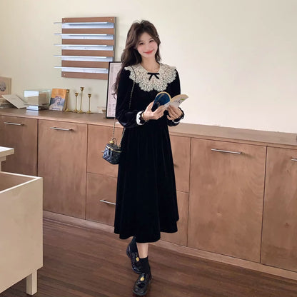 【ワンピース】オードリー風 レース 長袖ワンピース レディース 秋冬 上品 レトロ 細見え ロングドレス【JZシリーズ】