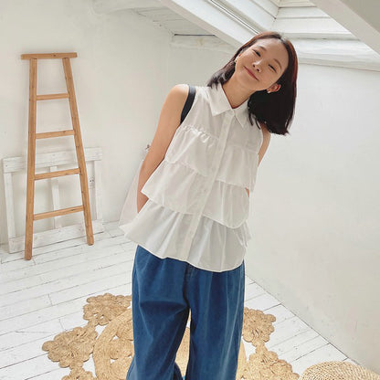 【トップス】デザイン性あり シャツ 夏用 フリル付き ゆったり 韓国風 小柄女性向け【JZシリーズ】