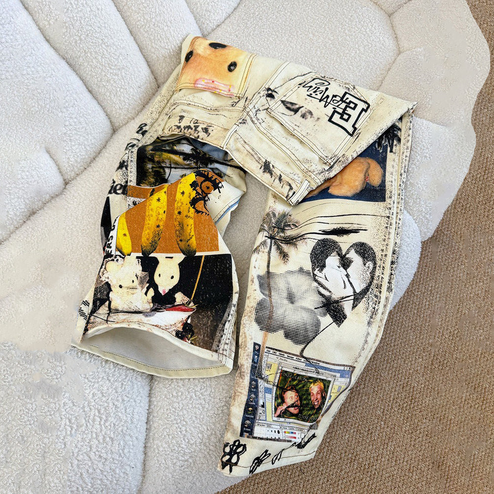 【ボトムス】アメリカンストリート ヴィンテージ加工 グラフィティプリント ウォッシュド ワイドデニムパンツ ユニセックス【SHシリーズ】