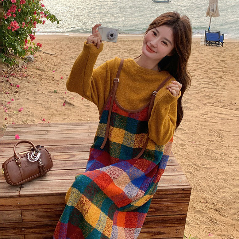 2点セット【セットアップ】韓国風 春秋 カラフルドーパミンチェック キャミワンピースセット レディース【SHシリーズ】【JZシリーズ】