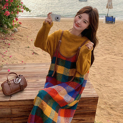 2点セット【セットアップ】韓国風 春秋 カラフルドーパミンチェック キャミワンピースセット レディース【SHシリーズ】【JZシリーズ】