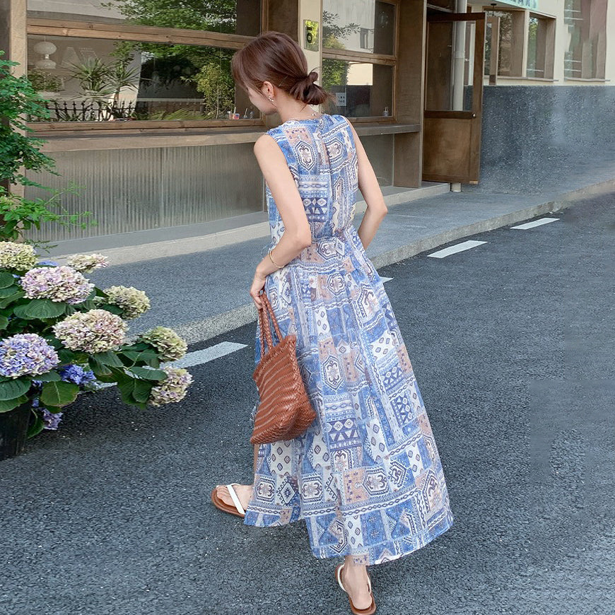 【ワンピース】韓国風エレガント リゾート民族風プリントノースリーブワンピース 【SHシリーズ】