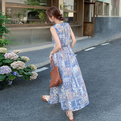 【ワンピース】韓国風エレガント リゾート民族風プリントノースリーブワンピース 【SHシリーズ】