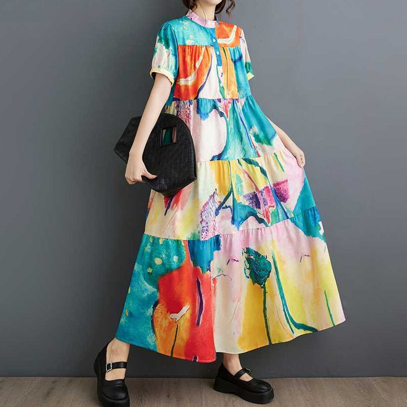 【ワンピース】韓国風ゆったりサイズ 半袖プリントシャツワンピース｜体型カバー◎涼しげなミディ丈【SHシリーズ】