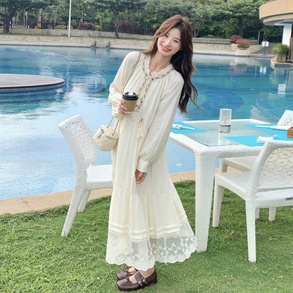 【ワンピース】ベージュ フラワーレース刺繍襟 ワンピース レディース 新作 長袖 フェミニン フレンチ風ロングドレス【JZシリーズ】