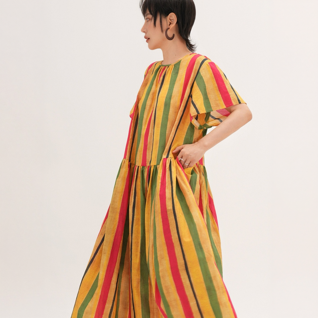 【ワンピース】レトロ 和風 着痩せ Aライン ロング ストライプ ワンピース 【JZシリーズ】