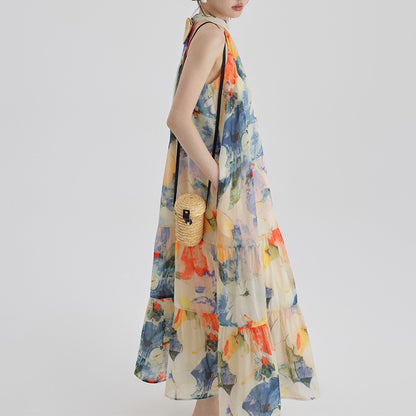 【ワンピース】海辺リゾート気質 フレンチプリント 高級感 ノースリーブワンピース【SHシリーズ】