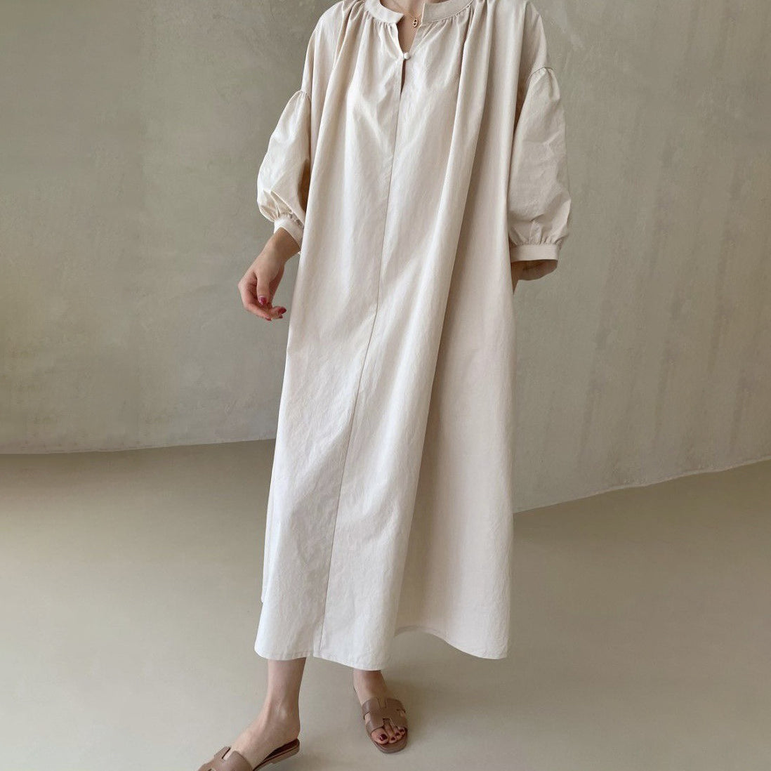 【ワンピース】🌸春夏 新作 韓国風 半袖ワンピース ゆったり ロング丈 バルーンスリーブ カジュアル レディース【JZシリーズ】