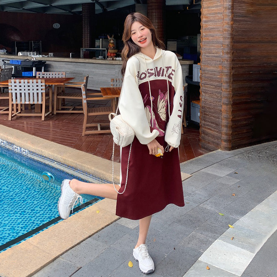 【ワンピース】韓国風カジュアル 配色 長袖スウェットワンピース レディース 春秋 人気 ゆったりフード付きロングワンピース【JZシリーズ】