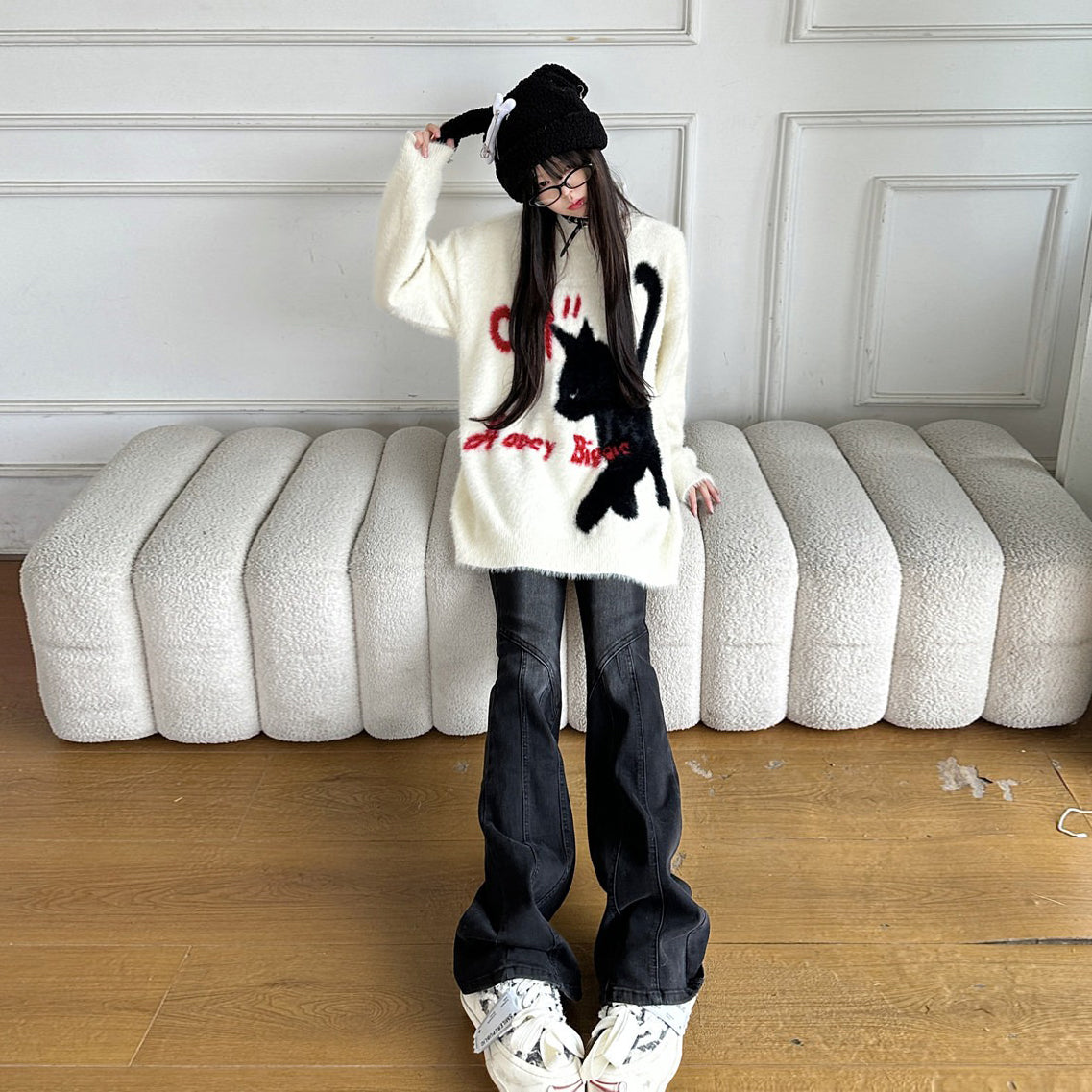 【トップス】猫モチーフニット 秋冬 ユニセックス ゆったり Y2K カップル対応【FCシリーズ】