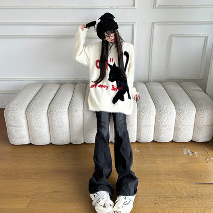 【トップス】猫モチーフニット 秋冬 ユニセックス ゆったり Y2K カップル対応【FCシリーズ】