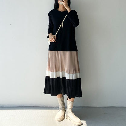 【24AW】【15～20日内発送】【ワンピース】フェイクツーピース 大きいサイズ プリーツ 長袖ワンピース