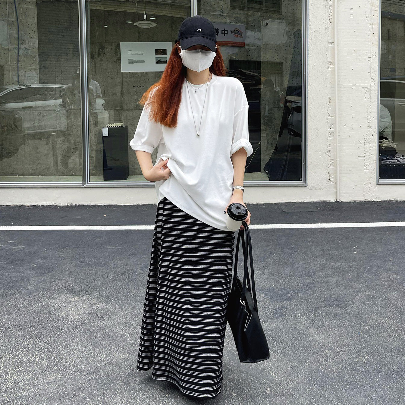 【ボトムス】レトロ ストライプ ニットスカート 初秋新作 ハイウエスト スリム見え Aラインスカート【SHシリーズ】