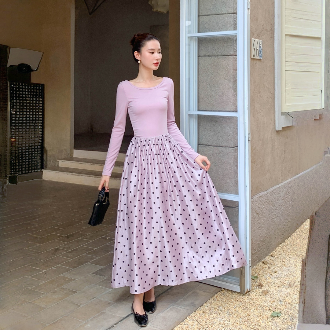 【ワンピース】春 秋 冬 フリルギャザー 切り替え ウエストマーク ベルト 長袖 ワンピース