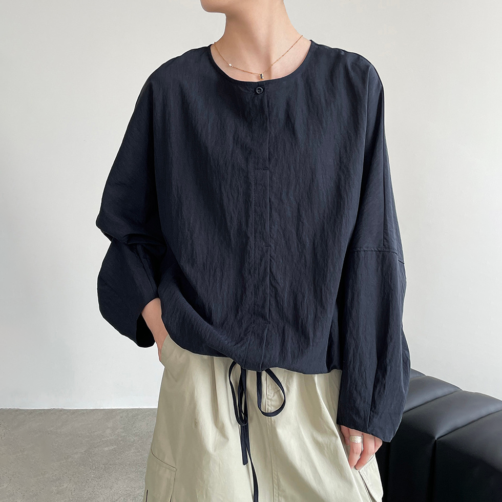 【トップス】ドロップショルダー シャツ 新作 ラウンドネック 長袖 ドローストリング ゆったり 体型カバー 上品【JZシリーズ】