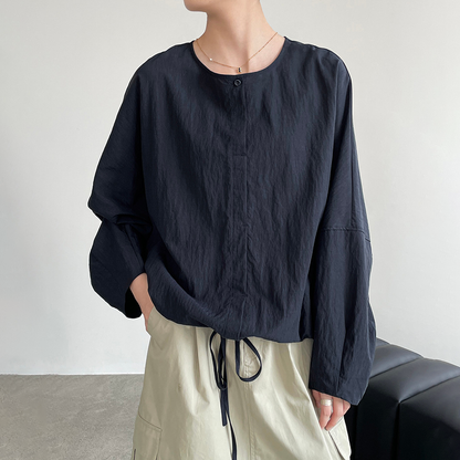 【トップス】ドロップショルダー シャツ 新作 ラウンドネック 長袖 ドローストリング ゆったり 体型カバー 上品【JZシリーズ】