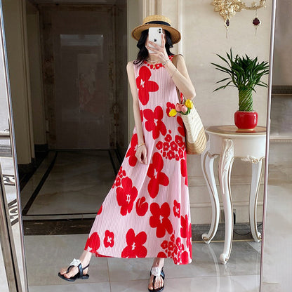 【ワンピース】フレンチ 海辺リゾート ビーチ プリーツプリント ノースリーブワンピース【SHシリーズ】