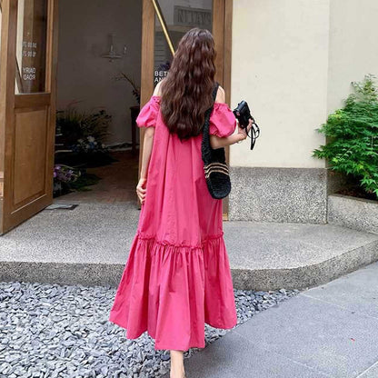 【ワンピース】おしゃれなリゾート風甘いゆったりオフショルダー半袖ワンピース