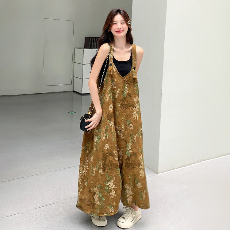 【ボトムス】エスニック調フラワープリント 夏新作 高級感 高見え ハイウエスト落ち感 オールインワン【SHシリーズ】