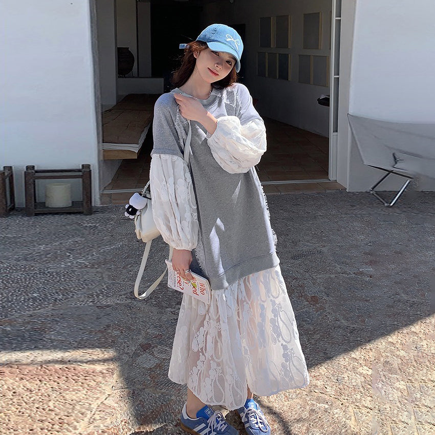 【ワンピース】韓国トレンド レース×スウェット風 長袖ワンピース 春秋 フェイクレイヤード 大人可愛い 優しげ 若見え【JZシリーズ】