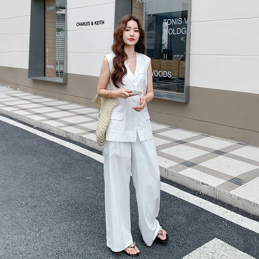 2点セット！【セットアップ】夏 通勤 レース切替 バックレス ベスト＋ワイドパンツ 上下セット【JZシリーズ】【SNシリーズ】